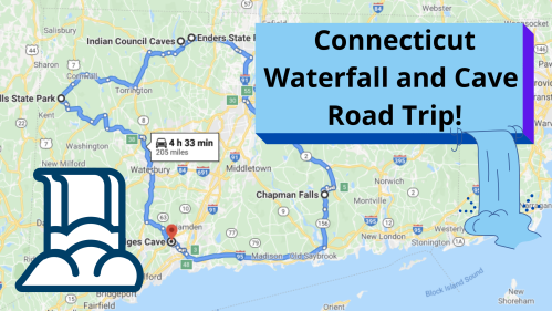 Map of a road trip route in Connecticut highlighting waterfalls and caves, with travel time and distance noted.