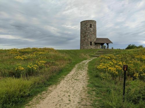 A stone tower on a grassy hill, surrounded by yellow wildflowers, with a dirt path leading to it under a cloudy sky.