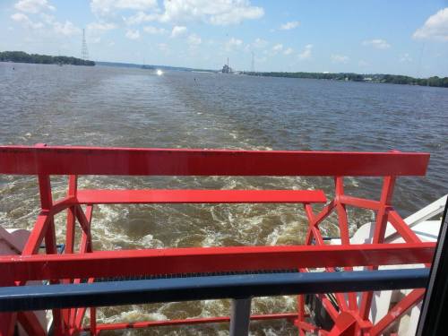 View from a boat showing a red paddle wheel and a wide river with blue skies and distant land.