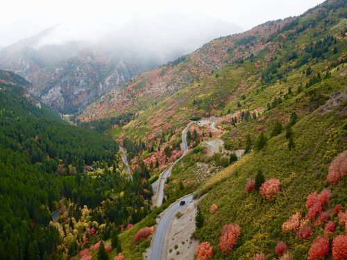 Aerial view of a winding road through colorful autumn foliage in a mountainous landscape.