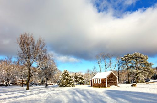 A snowy landscape featuring a small wooden house, evergreen trees, and a cloudy blue sky.