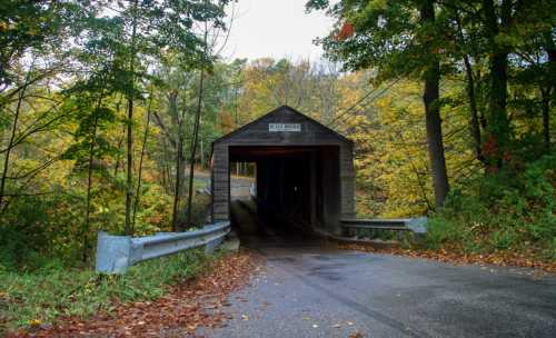 A wooden covered bridge surrounded by autumn foliage, with a road leading into its dark entrance.