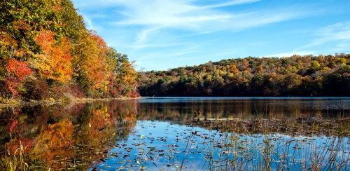 A serene lake surrounded by vibrant autumn foliage and clear blue skies, reflecting the colorful trees in the water.
