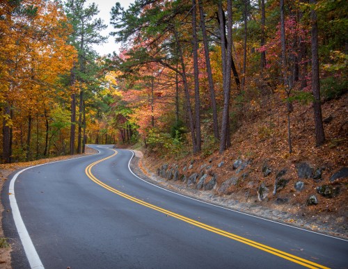 A winding road surrounded by vibrant autumn trees in shades of orange, red, and yellow.