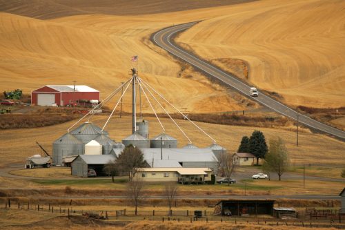 A rural landscape featuring a grain silo, a farmhouse, and a winding road through golden fields.