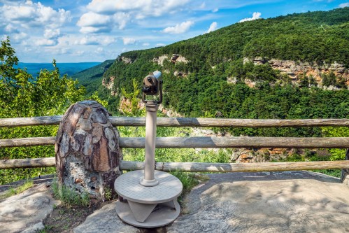 A scenic overlook featuring a viewing telescope, surrounded by lush green mountains and a blue sky with clouds.