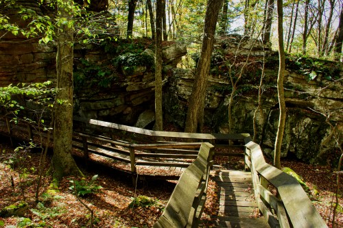 A winding wooden path through a forested area with rocky cliffs and trees, surrounded by autumn foliage.