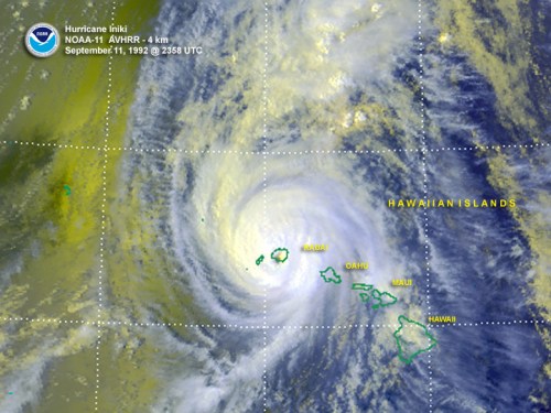 Satellite image of Hurricane Iniki near the Hawaiian Islands, captured on September 11, 1992.