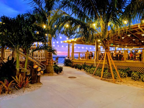 A scenic outdoor dining area with palm trees, string lights, and a sunset view over the ocean.