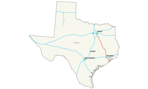 Map of Texas highlighting major highways, with a red line connecting Houston and Dallas.