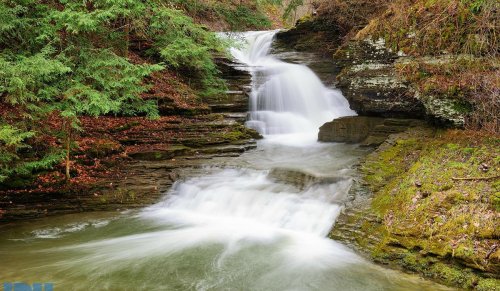 A serene waterfall cascading over rocky steps, surrounded by lush greenery and autumn leaves.
