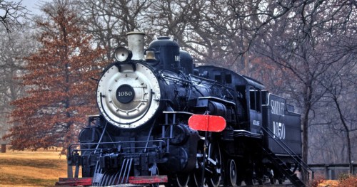 A vintage steam locomotive, numbered 1050, parked in a park with trees in the background.