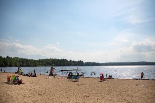 A sandy beach with people swimming and relaxing under a clear blue sky, surrounded by trees and water.