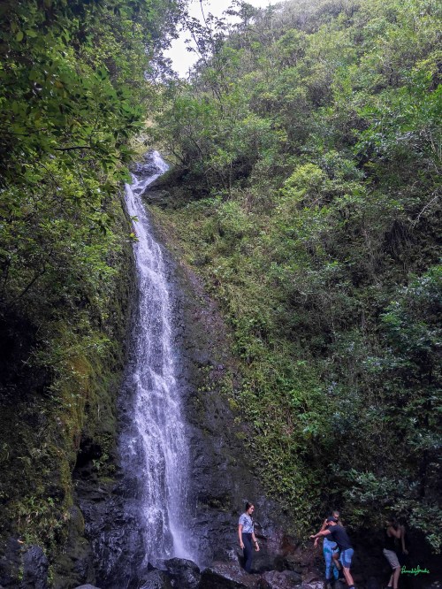 A waterfall cascades down a rocky cliff surrounded by lush greenery, with people exploring the area below.