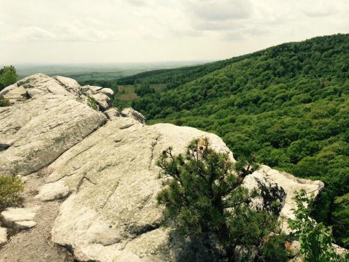 A rocky outcrop overlooks a lush green valley and distant hills under a cloudy sky.