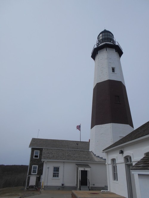 A tall lighthouse with a black and white striped tower, next to a small building, under a gray sky.