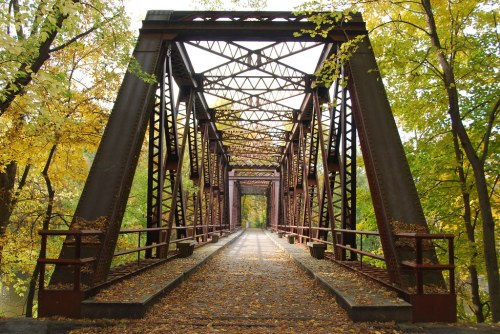 A metal bridge surrounded by autumn foliage, with fallen leaves covering the pathway.