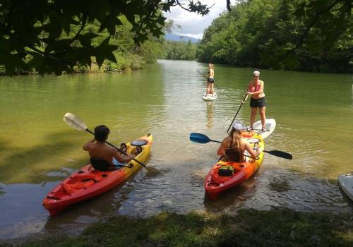 Two kayakers and a paddleboarder enjoy a calm river surrounded by lush greenery on a sunny day.