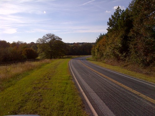 A winding road surrounded by green grass and trees under a clear blue sky.