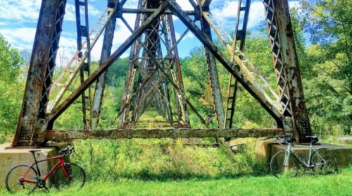 Two bicycles parked on grass beneath a rusted metal bridge, surrounded by lush greenery and a blue sky.