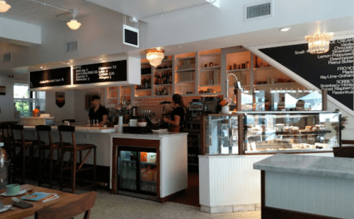 A cozy café interior with a counter, shelves of pastries, and two baristas serving customers. Bright and inviting atmosphere.