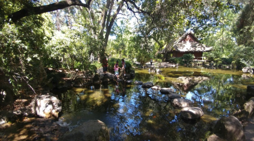 A serene garden scene with a pond, rocks, and people enjoying nature near a traditional building.