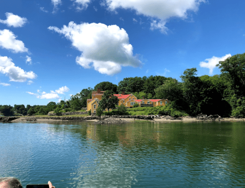 A colorful house on a lush green shoreline, reflected in calm water under a bright blue sky with fluffy clouds.
