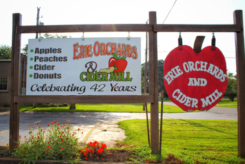 Sign for Erie Orchards & Cider Mill, featuring apples, peaches, cider, and donuts, celebrating 42 years.