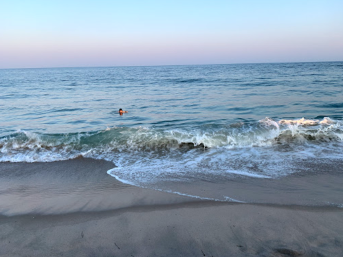 A calm beach scene at sunset with gentle waves and a person swimming in the water.