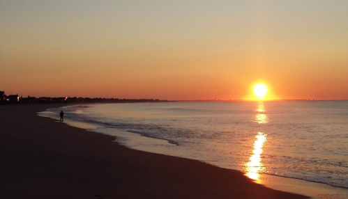 A serene beach at sunset, with a person walking along the shore and the sun setting over the calm water.