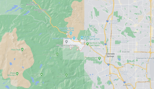 Map showing the area around Colorado Springs, highlighting nearby parks and natural features.