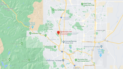 Map showing the location of Sonderman Park in Colorado Springs, surrounded by parks and trails.