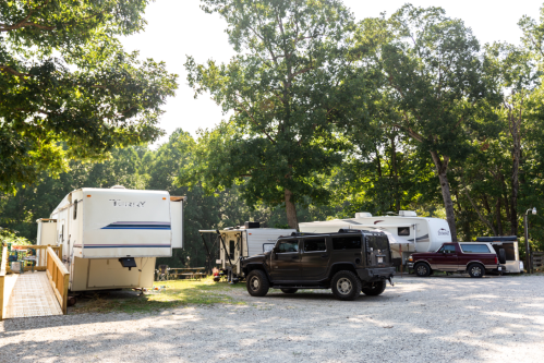 A campsite with several RVs and parked vehicles surrounded by trees and gravel.