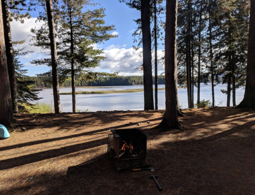 A serene lakeside view with trees, a campfire, and a clear blue sky reflecting on the water.