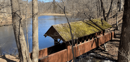 A wooden covered bridge with a mossy roof spans a calm river, surrounded by bare trees in early spring.