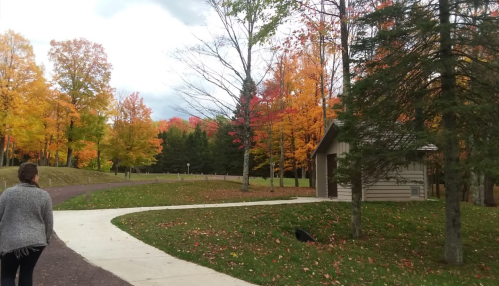 A person walks along a path surrounded by vibrant autumn trees with red and orange leaves. A building is in the background.