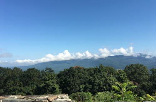 A scenic view of mountains under a clear blue sky, with lush green trees in the foreground and clouds in the distance.