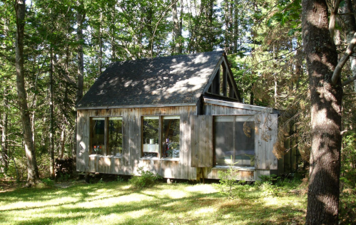A rustic wooden cabin nestled among trees, featuring large windows and a sloped roof in a serene forest setting.