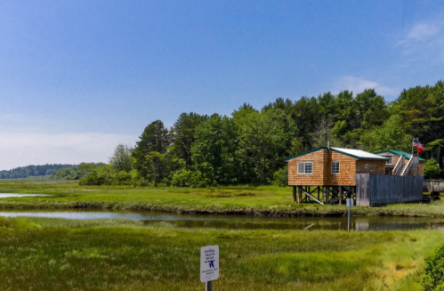A wooden house on stilts beside a marsh, surrounded by green trees and a clear blue sky. A sign is in the foreground.