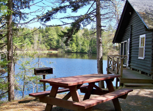 A wooden picnic table by a serene lake, surrounded by trees and a cozy cabin in the background.