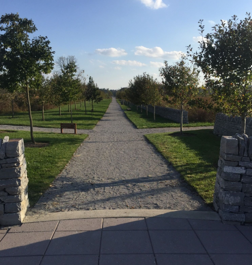 A gravel path lined with trees leads into the distance under a clear blue sky. Stone walls frame the pathway.