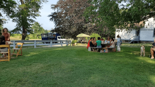 A group of people gather around a picnic table outdoors, with trees and a food truck in the background. A dog is nearby.