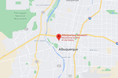 Map showing Albuquerque, New Mexico, highlighting the Albuquerque Museum and nearby landmarks.