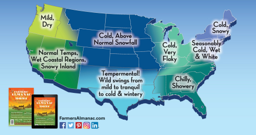 U.S. weather map showing regional forecasts: mild, cold, snowy, and temperamental conditions across different areas.