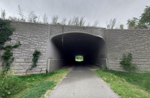 A stone tunnel entrance with greenery, leading to a paved trail under a cloudy sky.