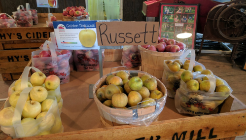 Baskets of Russett and Golden Delicious apples displayed at a market, with bags of apples in the background.