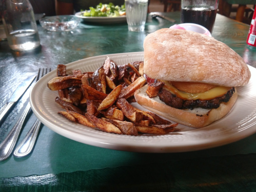 A plate with a burger topped with cheese and onion, served with a side of crispy fries.
