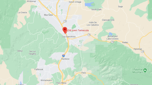 Map showing the location of Old Town Temecula, California, near surrounding areas and landmarks.