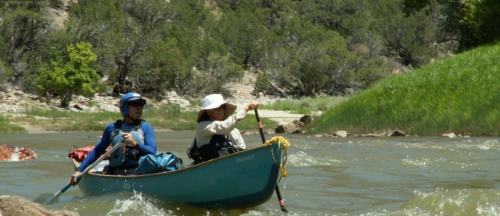 Two people paddle a canoe on a river surrounded by greenery and rocky terrain on a sunny day.