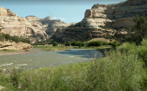 A serene river flows through a canyon, surrounded by towering rock formations and lush greenery.
